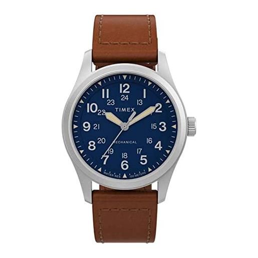 Timex men's expedition north field post mechanical 38mm eco-friendly leather strap watch stainless-steel/brown/blue