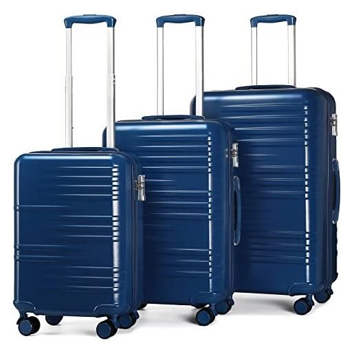 British Traveller set valigie da 3 pezzi valigia trolley rigida bagaglio a mano da viaggio abs+pc leggero con tsa lucchetto (s+m+l, blu)