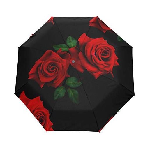 HMZXZ rxyy rose rosse nere floreale pieghe auto aprire chiudere ombrello per donne uomini ragazzi ragazze antivento compatto viaggio leggero, multicolore