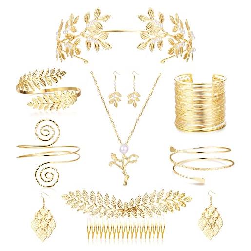 Morfetto 9 pezzi costume da dea greca per accessori da donna foglie di alloro d'oro bracciale corona capelli d'oro copricapo orecchini di perle artificiali collana festa nuziale gioielli da sposa