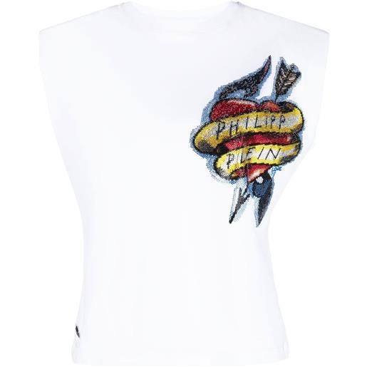 Philipp Plein t-shirt smanicata con strass - bianco