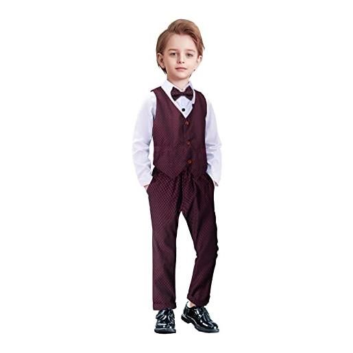 Yilaku completo elegante per bambino, smoking set 5 pezzi gilet+camicia +pantaloni+ papillon bambini ragazzi abbigliamento set (rosso, 140)