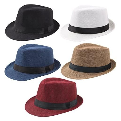 Geebuzz confezione da 5 cappelli fedora a tesa corta per uomo donna classico estivo spiaggia cappello da sole panama gatsby fedora cappelli, confezione da 5 pezzi nero+bianco+cachi+blu+vino rosso, m