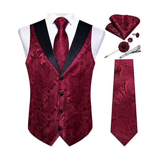 DiBanGu set di cravatte con gilet e cravatta formale con spilla da bavero e fermacravatta da uomo, in seta, da tasca quadrata, nero rosso paisley, s