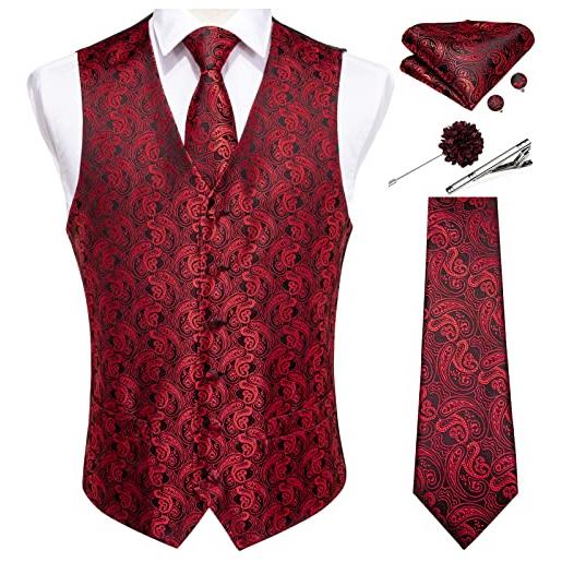 DiBanGu gilet paisley e cravatta formale con spilla da bavero fermacravatta da uomo set di cravatte da tasca in seta gemelli quadrati per matrimoni e affari, paisley rosso, xl