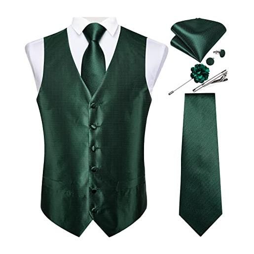 DiBanGu gilet paisley e cravatta formale con spilla da bavero fermacravatta da uomo set di cravatte con tasca in seta quadrata gemelli per matrimoni aziendali, verde tinta unita. , m