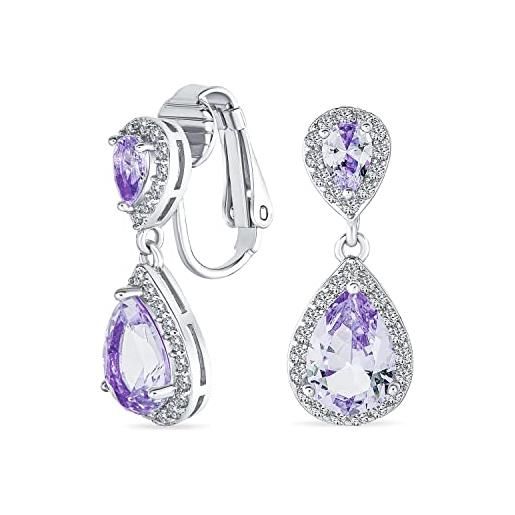 Bling Jewelry purple lavender teardrop cz halo prom drop statement lampadario clip on earrings simulazione di amethyst cubic zirconia argento placcato ottone