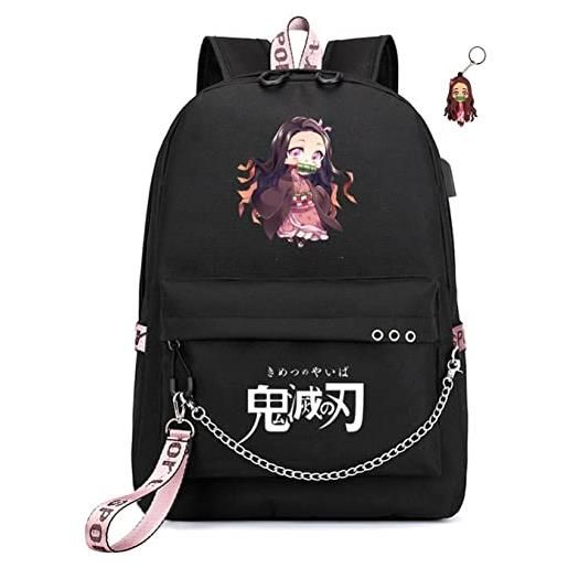FSRONGXI demon slayer zaino for school nezuko bookbag anime backpack with usb charging port, free keychain 17.7inch (nezuko)