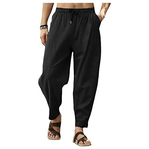 MakingDa pantaloni da uomo in cotone casual tinta unita pantaloni da spiaggia leggeri con coulisse gamba larga yoga, cachi, xxl