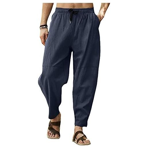 MakingDa pantaloni da uomo in cotone casual tinta unita pantaloni da spiaggia leggeri con coulisse gamba larga yoga, cachi, 3xl