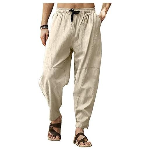 MakingDa pantaloni da spiaggia larghi da uomo pantaloni traspiranti morbidi-pantaloni di lino e cotone con coulisse pantaloni lunghi da uomo casual di colore solido-grigio-l