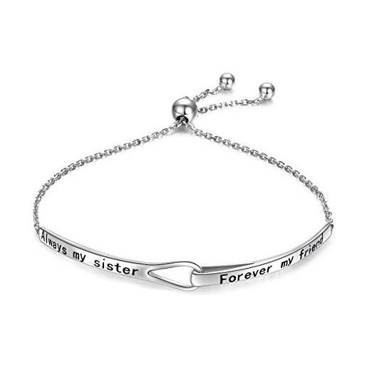 Flyow braccialetto dell'amicizia regolabile in argento sterling con scritta always my sister forever my friend, per donne, ragazze, sorelle, madri, figlie. 