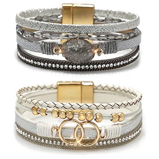 Suyi set di 2 braccialetti in pelle multistrato con perline e chiusura magnetica, da donna, 7.5 inches, pelle argento