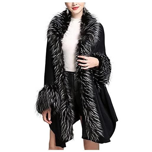 Vagbalena delle donne di lusso nuziale della pelliccia del faux scialle avvolge mantello cappotto del maglione poncho cardigan del capo (nero, one size)