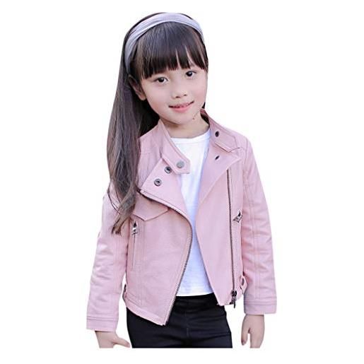 YANFJHV giacca in pelle da bambina, con colletto da motociclista, in ecopelle, per bambini, autunno e inverno, da motociclista, a maniche lunghe, outerwear, rosa 1, 110 cm
