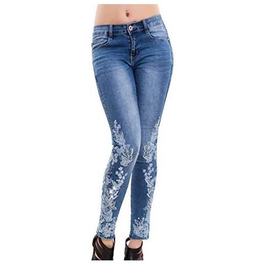 SOMTHRON - jeans da donna, stile casual, slim fit, con ricamo blu chiaro s