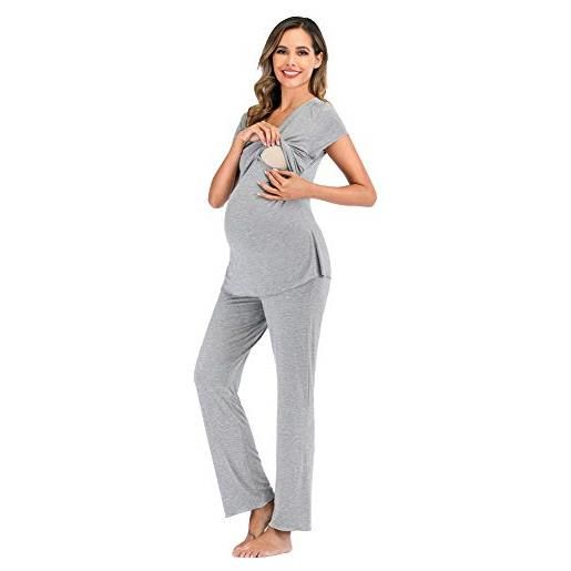 rismart due pezzi pigiama premaman donna camicia da notte allattamento maniche corte magliette e pantaloni set (grigio chiaro, m)