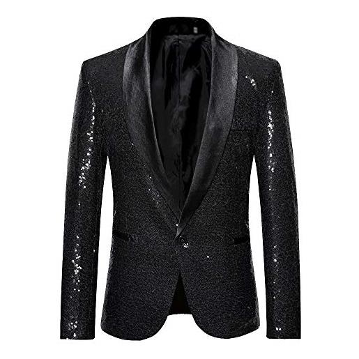 Mengmiao uomo cappotto manica lunga paillettes colore solido risvolto giacca blazer nero s