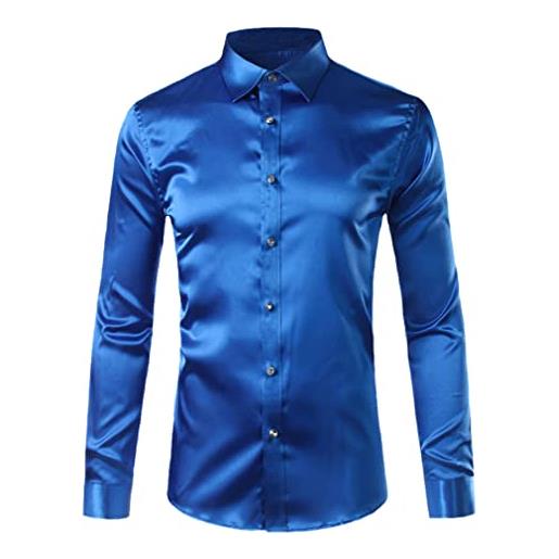GTSFTJ camicia da uomo in raso lucido di seta come abito liscio casual da ballo partito senza rughe smoking shirt, blu, xl