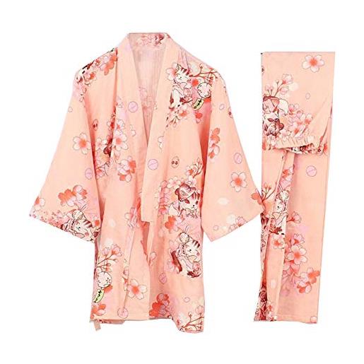 Fancy Pumpkin completo da pigiama da donna con vestaglia kimono robe yukata [pink cat, taglia l]