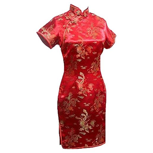 Chyoieya vintage drago e fenice breve qipao donne eleganti cheongsam collare alla mandarino sexy mini vestito cinese oversize, nero 1, m