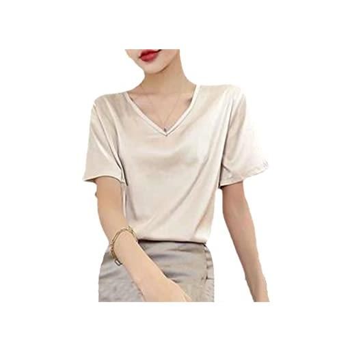 Generic maglietta estiva con scollo a v in raso di seta da donna elegante casual a maniche corte top vintage camicia bianca, a, l