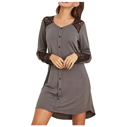 RUGAN pigiama cotone da donna, maniche lunghe camicia da notte da donna vestito scollo a v, pigiama di pizzo sexy?S-xxl (nero, m)