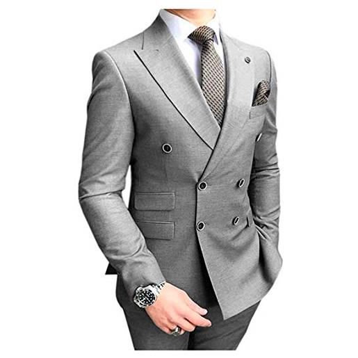 Botong degli uomini doppio petto tacca risvolto vestito regular fit wedding smoking abiti da ballo giacca pantaloni groomsmen suit, grigio, 56