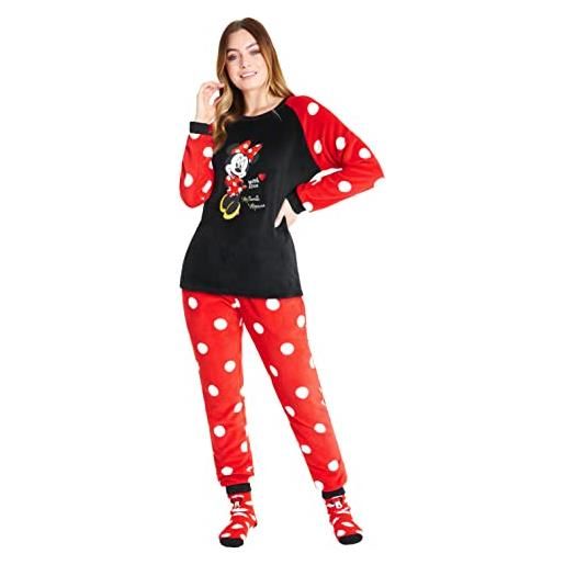 Disney pigiama donna invernale in pile con calze stitch topolino minnie baby yoda (nero rosso minnie, xl)