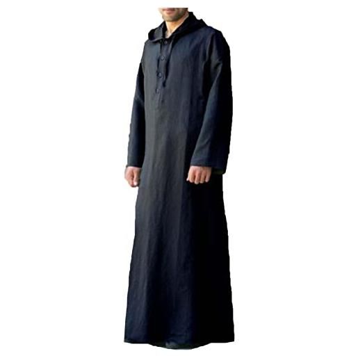 Suncolour abito da uomo musulmano caftano con cappuccio abito lungo in lino di cotone thobe musulmano etnico con cappuccio