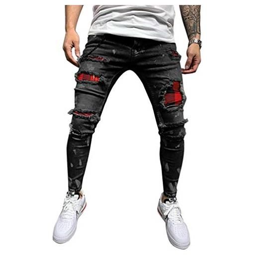 Angyu uomo jeans stretti strappati skinny elasticizzati denim pantaloni con foro slim fit (grigio, xl)