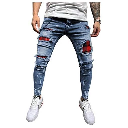 Angyu uomo jeans stretti strappati skinny elasticizzati denim pantaloni con foro slim fit (blu#1, m)