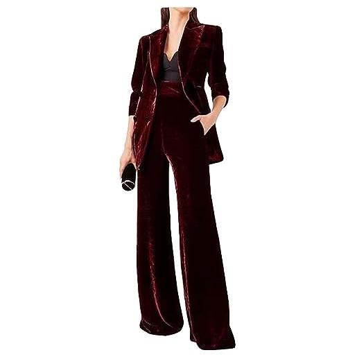 Botong completo da donna in velluto da 2 pezzi, con risvolto a punta, doppiopetto, blazer e pantaloni da lavoro, borgogna, m