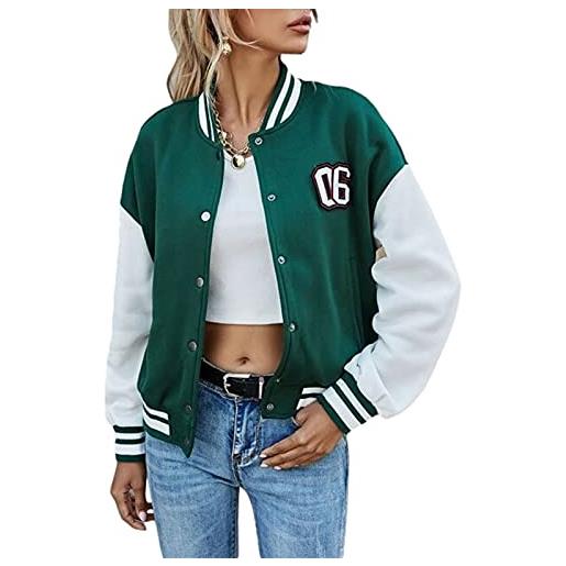 Loalirando giacca corta da donna primaverile college giacca da baseball uniform cappotto monopetto letter ricamo bomber per ragazze s-l (verde, l)