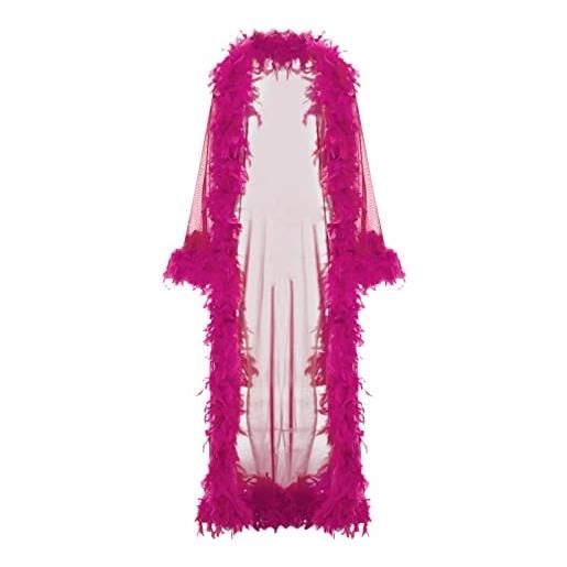 Chollius vestaglia in tulle da donna pigiama trasparente tinta unita senza chiusura con rifiniture in piume mantello lungo accappatoio sexy da notte casa sera per adulta (rosso, taglia unica)