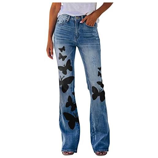 Generic pantaloni da donna con stampato jeans con orlo svasato allentato fondo svasato elasticizzato pantaloncini rassodanti