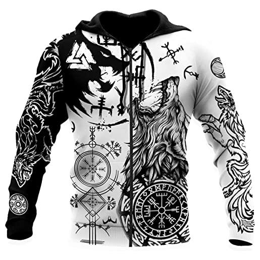 JJLLAZAD felpa con cappuccio vichinga 3d print norse mythology valhalla manica lunga primavera autunno pullover per uomini e donne costume cosplay, wikinger wolf zipper, 4xl