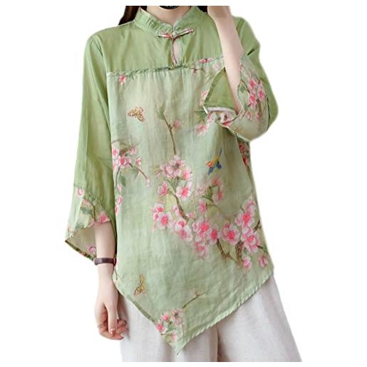 YM YOUMU donne etnica fiore di pesca camicia floreale camicetta cinese rana pulsante orlo irregolare lino qipao top, verde, m