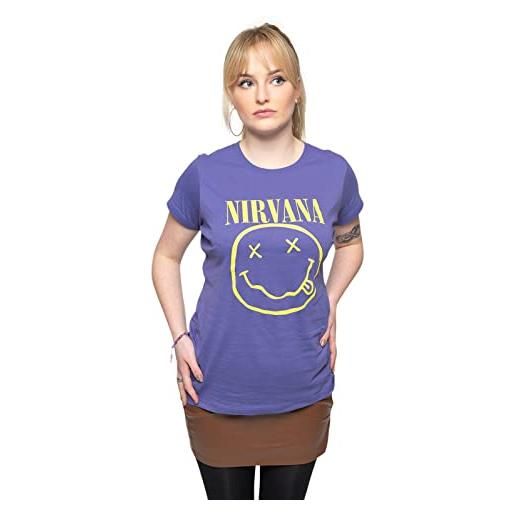 Rockoff Trade nirvana t shirt giallo smiley band logo ufficiale womens skinny fit viola, viola, l