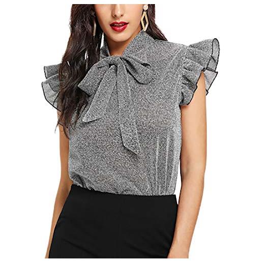 ABILIO blusa elegante in lurex con fiocco al collo e rouches giro manica-grigio-medium