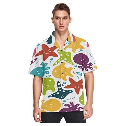 Linomo camicie hawaiane per gli uomini carino pesce marino stelle marine polpo camicie da spiaggia camicie estive abbottonate manica corta manica corta, multicolore, l