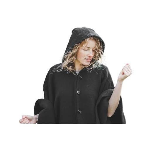 Ger3as poncho da donna con cappuccio 100% lana mantello da donna in materiale lavorato a maglia con cappuccio ruana cappotto pile avvolgente, nero , xl