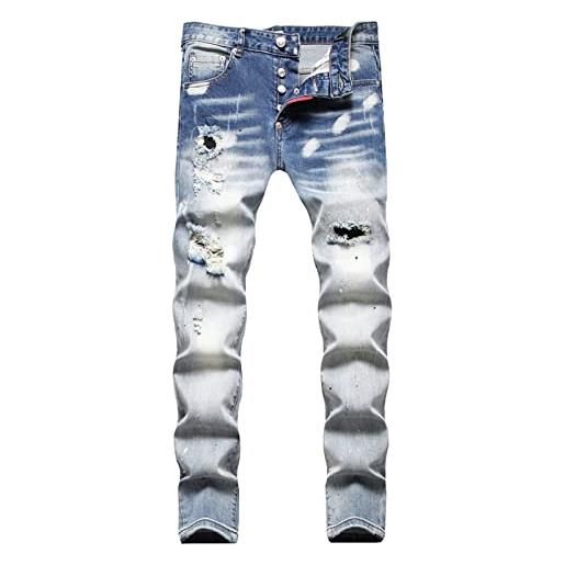 Generic pantaloni dritti in denim skinny strappati da uomo jeans invecchiati pantaloni a vita media moda casual, blu, w32