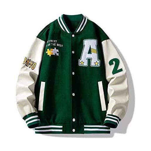 Vagbalena retro americano strada uniforme da baseball di modo degli uomini e delle donne di strada hip hop ricamato allentato giacca (verde, l)