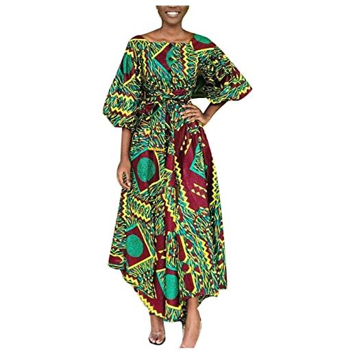 Suncolour abito africano da donna con stampa kente vestito a collo quadrato a vita alta boho maxi abito lungo dashiki abito tradizionale