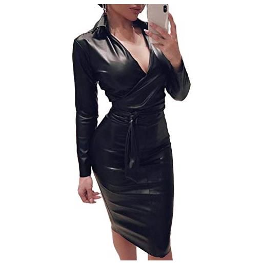 Minetom donna sexy pu pelle vestito sexy collo a v manica lunga cerimonia cocktail festa nozze club bodycon abito clubwear con cintura b nero s