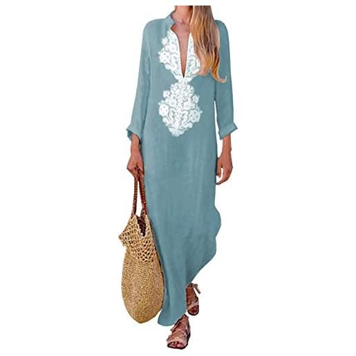 Tomwell donna eleganti maxi vestito lungo scollo a v e maniche lunghe stampa etnica di moda abito spiaggia a blu 44
