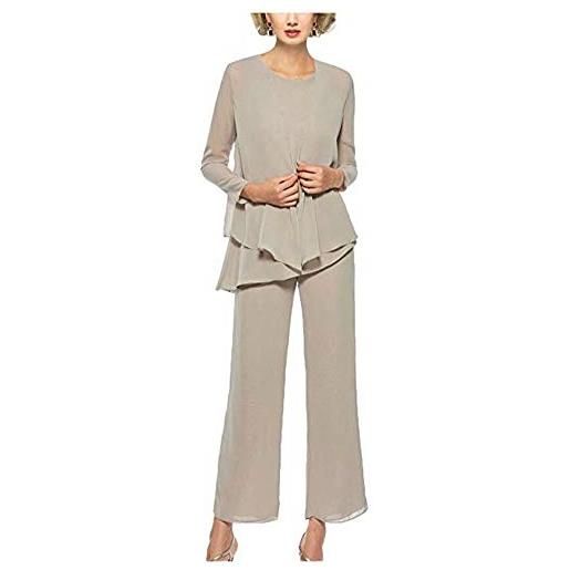 Botong 3 pezzi chiffon madre pantaloni abiti da sera formale donne abiti da sera maniche lunghe abito da sposa, tortora, 50