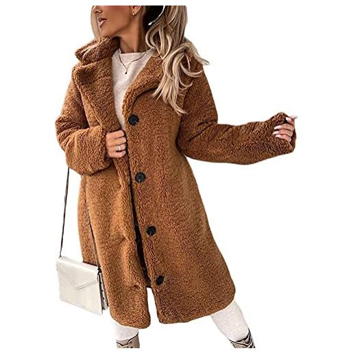 Vagbalena donna lunga giacca in pile bottone anteriore manica lunga risvolto cappotto di lana trench cappotto elegante luce teddy pelliccia con tasche autunno inverno (marrone, l)