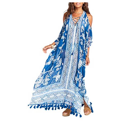LeofL abito da spiaggia lungo da donna in stile boho, con kaftano, kimono maxi vestaglia, camicia da notte, l multi blu, etichettalia unica
